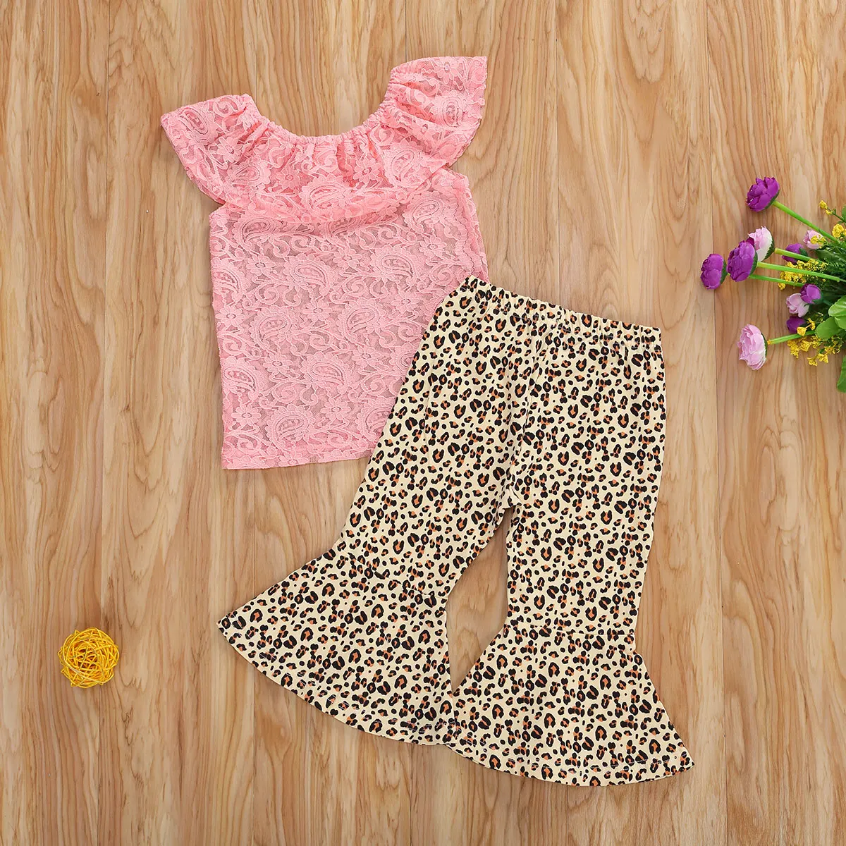 

1-6Y Summer Toddler Baby Little Girls Set Clothing Casual Lace Floral Solid T-Shirt Top+Long Leopard Pants 2Pcs Outfit