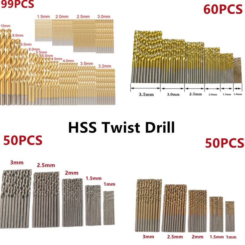 

50/60/99PCS 1.0-3.5mm 1.5mm-10mm High Speed Steel Titanium Coated Straight Shank Twist Drill Set Drill Bit Woodworking Hole Set