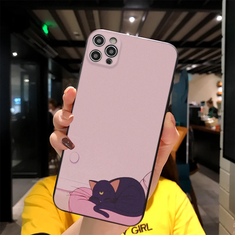 

For iPhone Japanese Anime Moon Cat Girling Print Soft Matt Apple Case 6 7 8 11 12 Plus Pro X XR MAX 2021 Cover