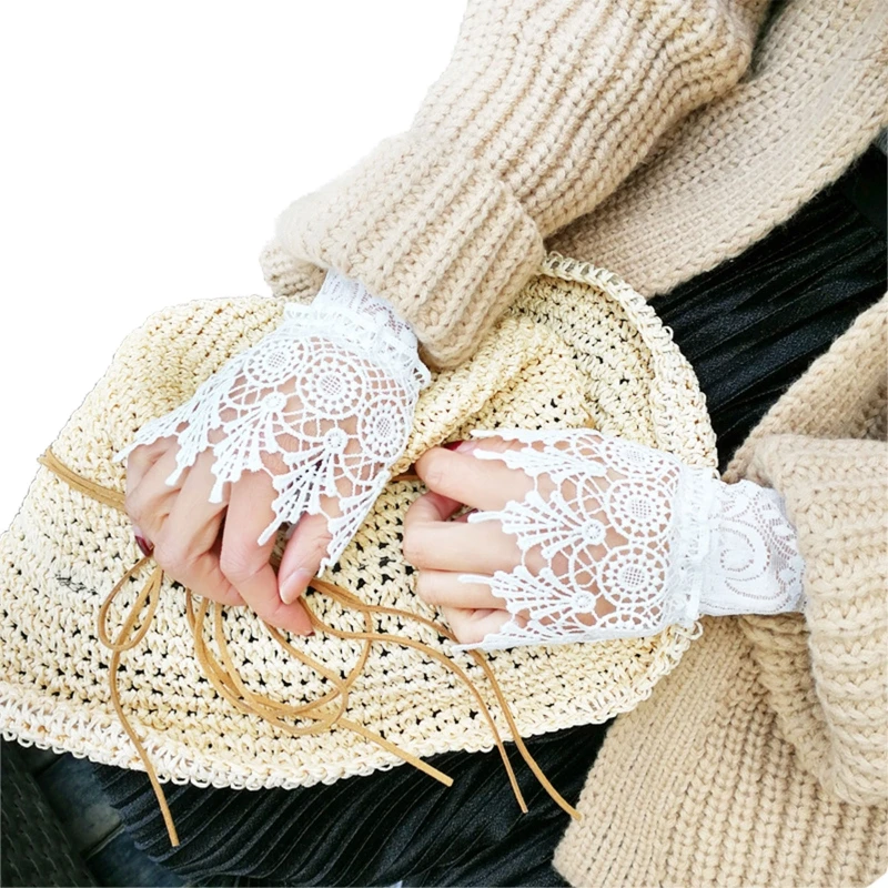 

Women Sweet Hollow Out Crochet Lace Wrist Cuffs Stretch False Fake Sleeves Solid Color Vintage Decorative Bracelet