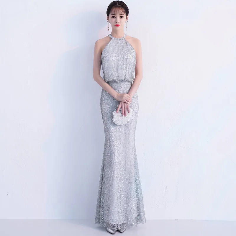 Female Silver Elegant Banquet Gown Exquisite Appliques Embroidery Trim Temperament Formal Party Dresses Sexy Slim Mermaid Dress |