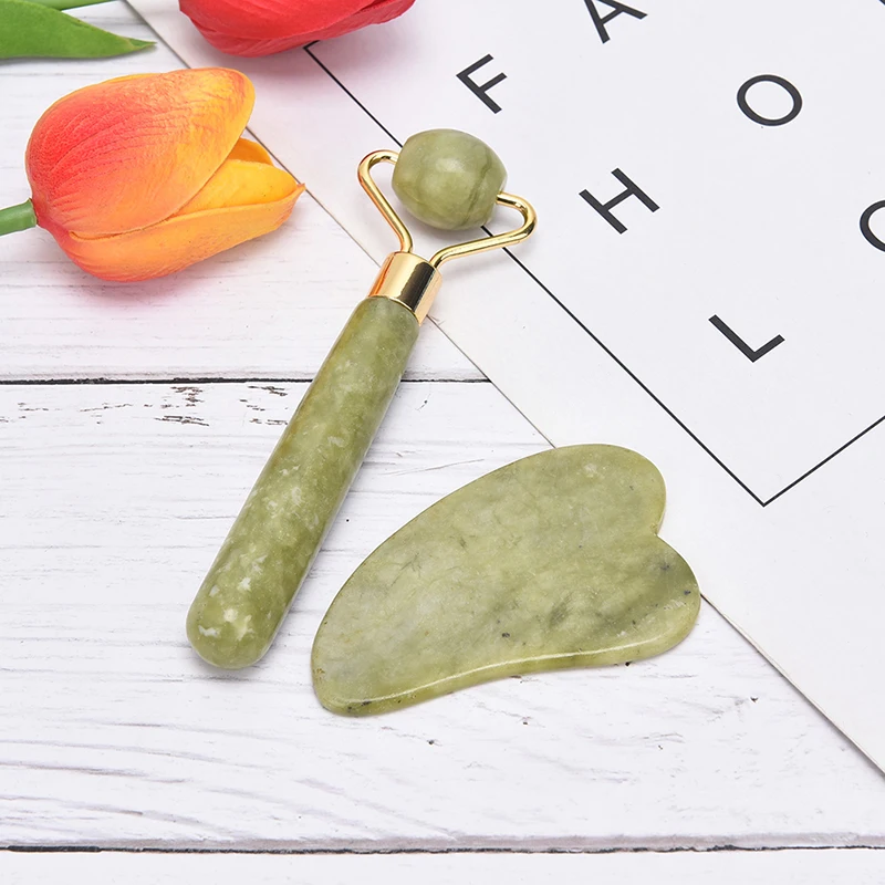 

New Nature Jade Stone Facial Massage Roller Massager Green Guasha Scraper Set Thin Lift Beauty Slimming Facial Massage Roller