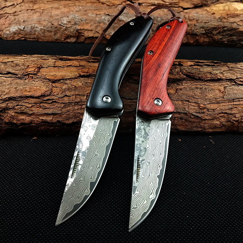 Горячая Распродажа складной нож с Дамасским лезвием деревянная ручка ножа для