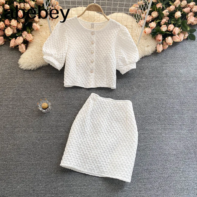 

Women Summer Korean Solid Set O Neck Short Sleeve Short Top+High Waist Slim Mini Pencil Skirt Two Piece Suit