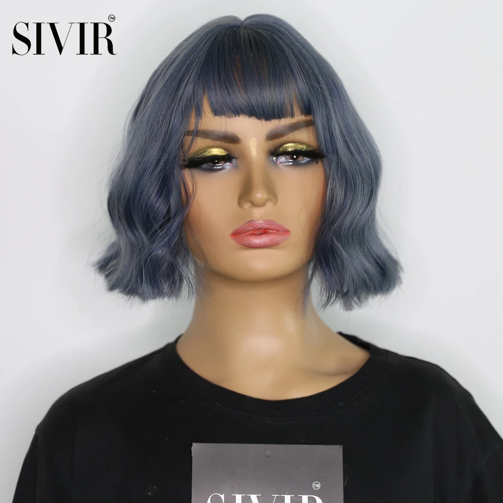 

Sivir Synthetic Wigs With Bangs Short Wavy Bob Wigs For Women Pink/Haze blue/Honey 3 color Natural Hair Cosplay Party Daily