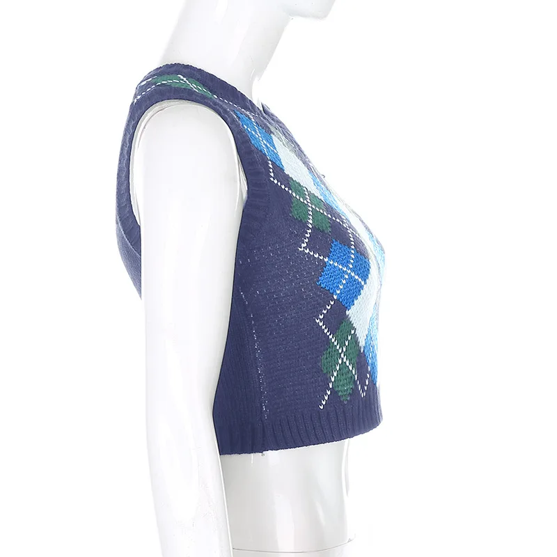 

LVINMW Sexy V Neck Sleeveless Plaid Patchwork Rib Knitted Sweater Vest Knitwear Fashion Harajuku Vintage y2k Vests Streetwear