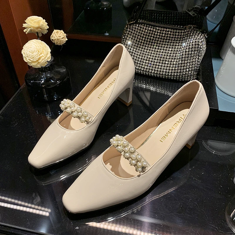 

Thick Heel Square Toe Single Shoes Womens Sweet Pearl Mary Jane High Heels Fashion Grandma Shoes Elegant Lady Office Work Pumps
