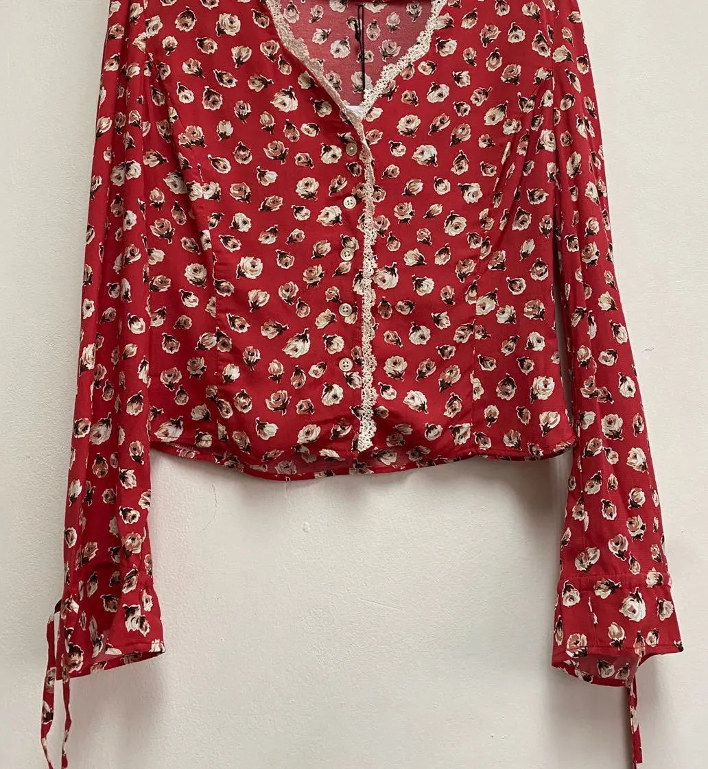 

Shirt Viscose Women 2021 New Retro Lace Edge V-Neck Pastoral Floral Print Front Buttoned Top Shirt Women