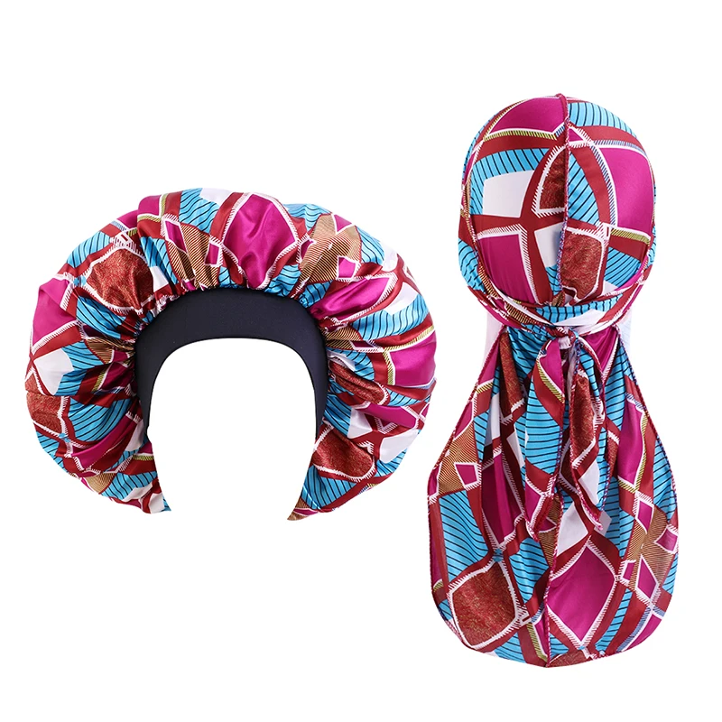 

African Pattern Durag And Bonnet 2pcs Set Silky Satin Man and Women Bandanas Doo Rag Night Cap Comfortable Sleeping Hat