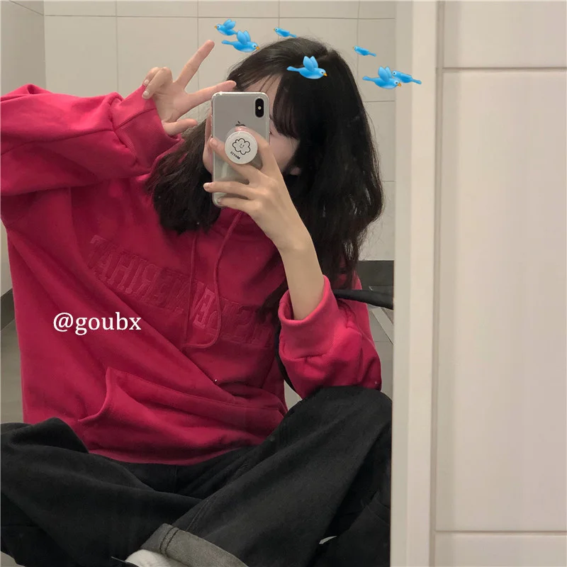 

2021spring Autumn Korean Style Loose Student Top Women's Embroidered Letters Velvet Padded Hooded Sweatshirt Rac