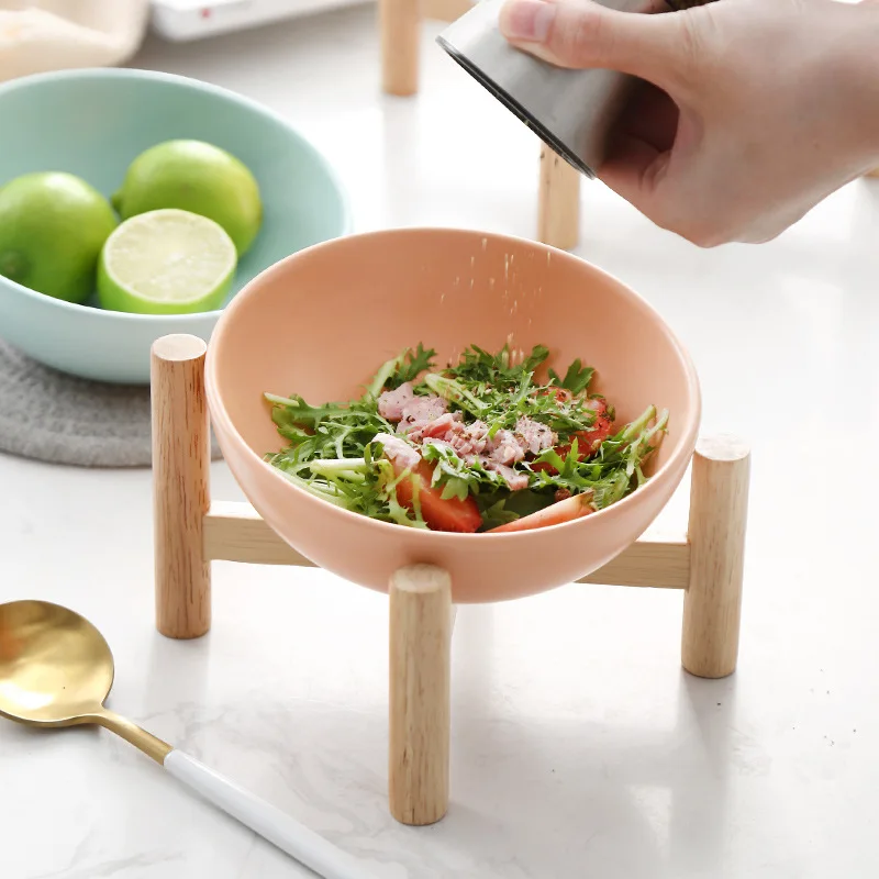 Керамическая миска для собак и кошек щенков с деревянной подставкой фарфоровая