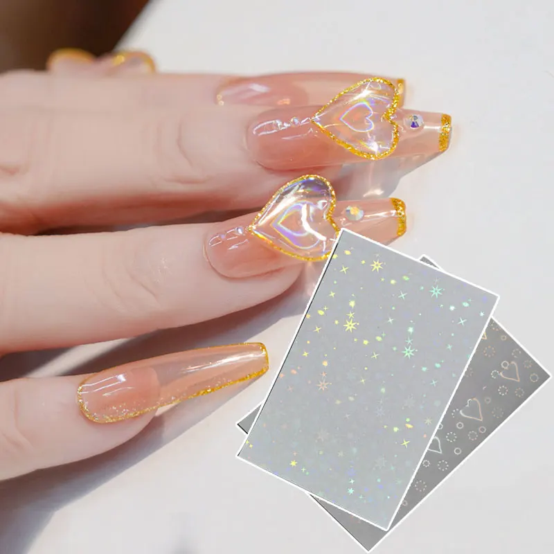 

2021 New Trendy Aurora Laser Heart Nail Art Sticker Aurora 3D Dynamic Star Heart Glitter Decals Laser Holo Nails Design