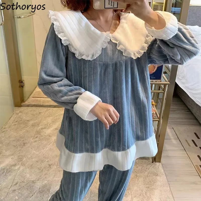 

Sweet Casual Winter Pajama Sets Women Patchwork Simple Kawaii Coral Velvet Homewear Female Tender New Arrival Elegant Plush Ins