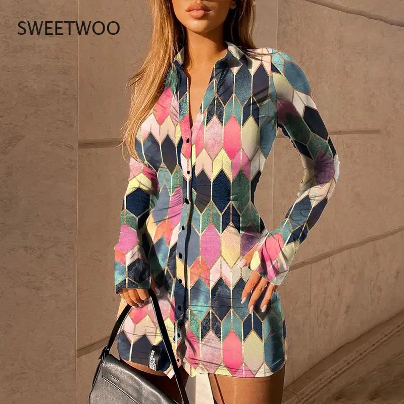 

Daisy Floral Print Shirt Dress 2021 New Sexy Women Long Sleeve Deep V-Neck Buttons Up High Waist Pencil Dress 4 Color