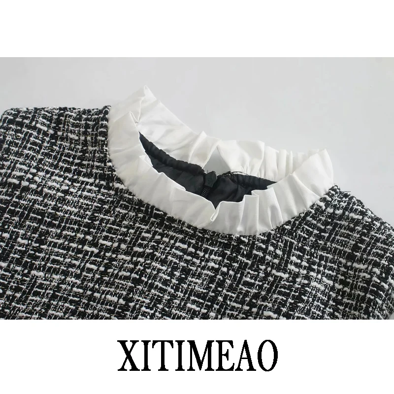 

Women 2021 Sweet Fashion Patchwork Check Tweed Mini Dress Vintage Lantern Sleeve Back Zipper Female Dresses