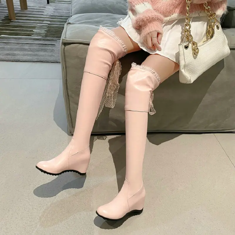 

Sianie Tianie PU Pink White Over-the-knee Booties Womens Thigh High Hidden Height Increase Heels Woman Overknees Stretch Boots
