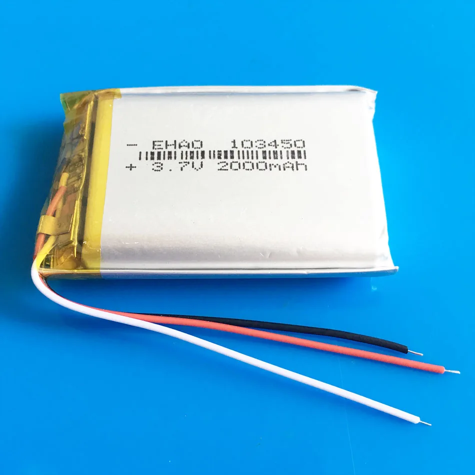 

103450 3 wires 2000mAh 3.7V lipo polymer lithium rechargeable battery for MP3 GPS navigator DVD recorder headset e-book camera