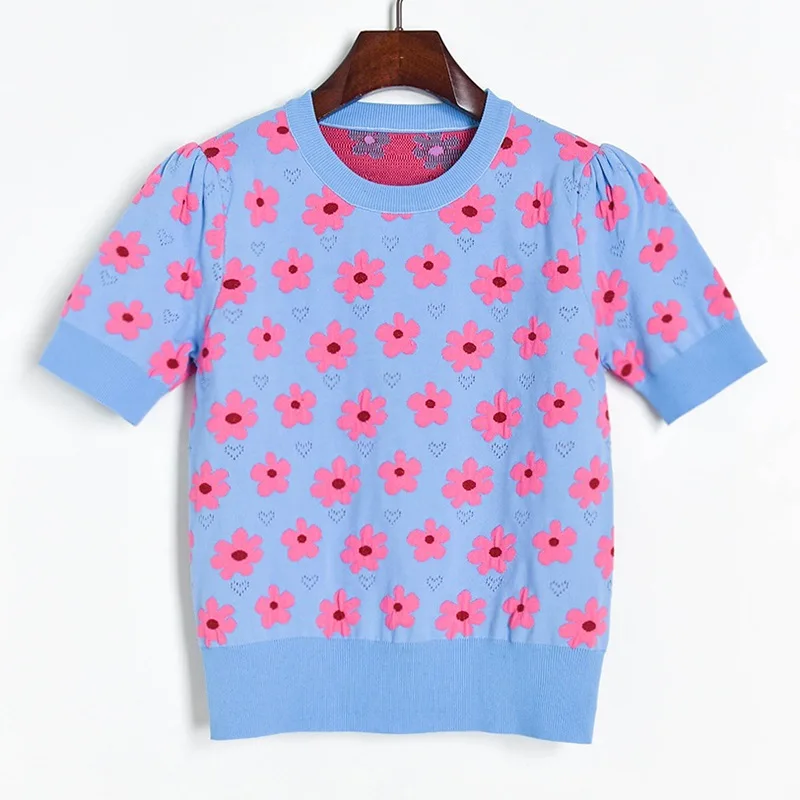 Жаккардовая трикотажная женская футболка с цветочным принтом топы вырезами лето