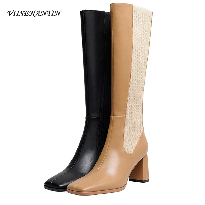 

Женские сапоги до середины икры с квадратным носком, новинка осень-зима, стильные модные сапоги на высоком каблуке, эластичные высокие сапо...