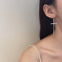 9 2 cm korean temperament earrings for women party silver color long cross rhinestone tassel clip on earring without piercing
