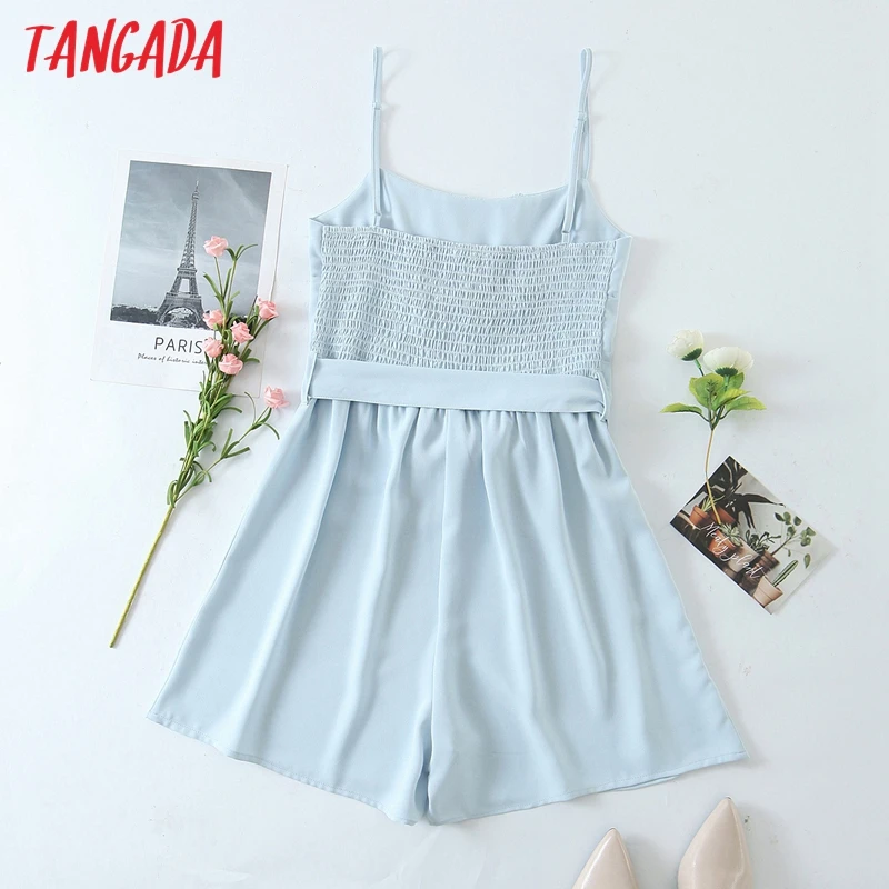 

Tangada Women Vintage Blue Summer Playsuits Spaghetti Strap Rompers Ladies Casual Chic Overalls QW61
