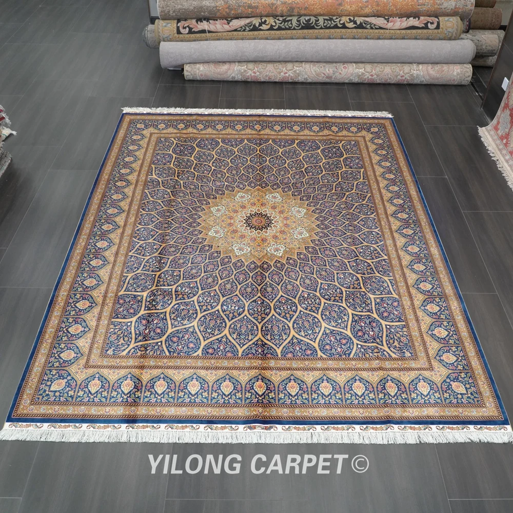 Yilong 8 'x 10' ручной работы Qum шелковый ковер Медальон цветочный синий вязки