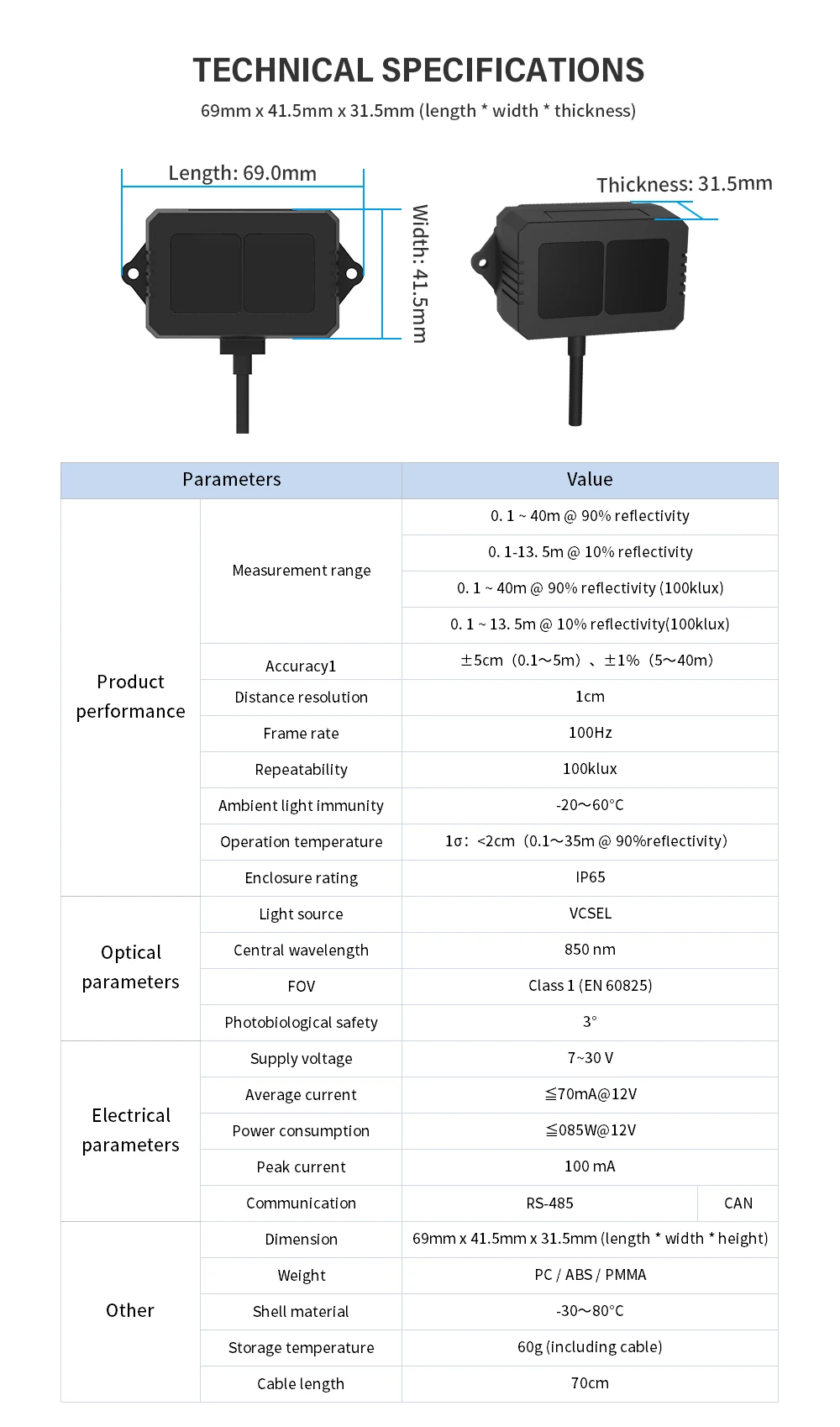 Benewake TF02-i mid-range distance sensor 1000Hz Frame Rate&amp40m&ampCAN/RS485 Operating Range Lidar Module for Indoor/Outdoor/Robot |