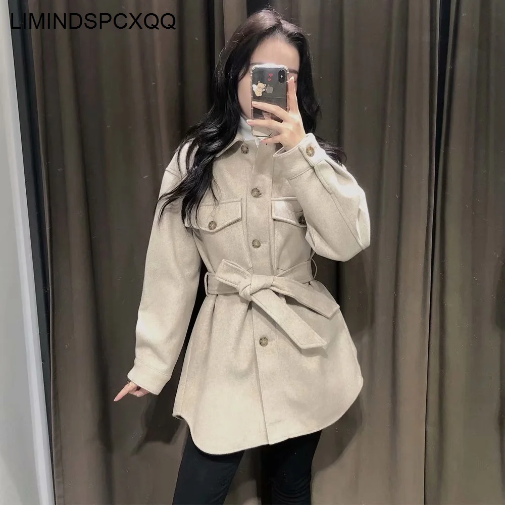

Jaqueta Feminina 2021 Jackets Women Fashion Tie Belt Waist Gray Woolen Coats Elegant Pockets Female Lapel Autumn Casual Clothing