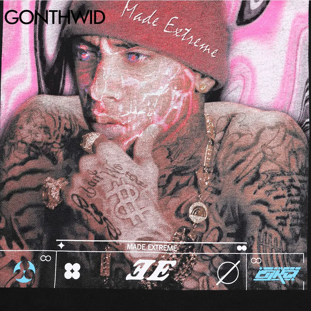 

GONTHWID Tshirts Streetwear Gothic Punk Rock Rapper Poster Print Cotton Casual Short Sleeve T-Shirts Harajuku Hip Hop Tees Tops