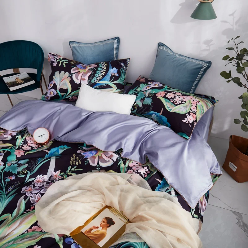 Black floral bedding set Egyptian cotton fabric pillowcases flower print pastoral bed linen duvet cover queen king size | Дом и сад