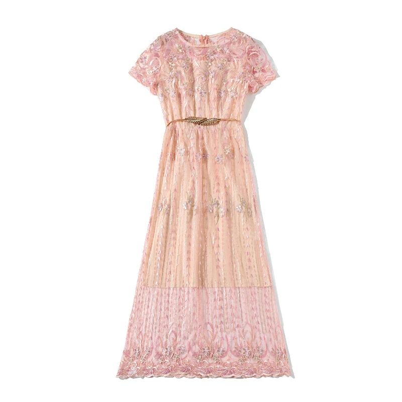 

2021 Newest Summer Fashion Designer Runway Elegant Party Girl Dress Women Lace Mesh Flowers Embroidery A Line Pink Midi Dresses