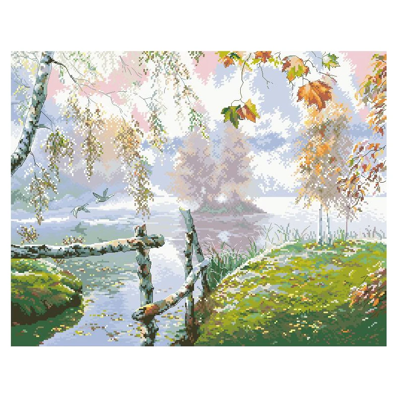 

Gold Collection Counted Cross Stitch Kit Lakeside In Autumn Already The Sky Was Breathing Moring Maple Leaf 1281