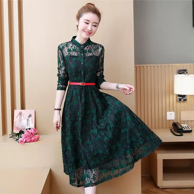 Женское осеннее зеленое кружевное платье женское элегантное длинное вечернее