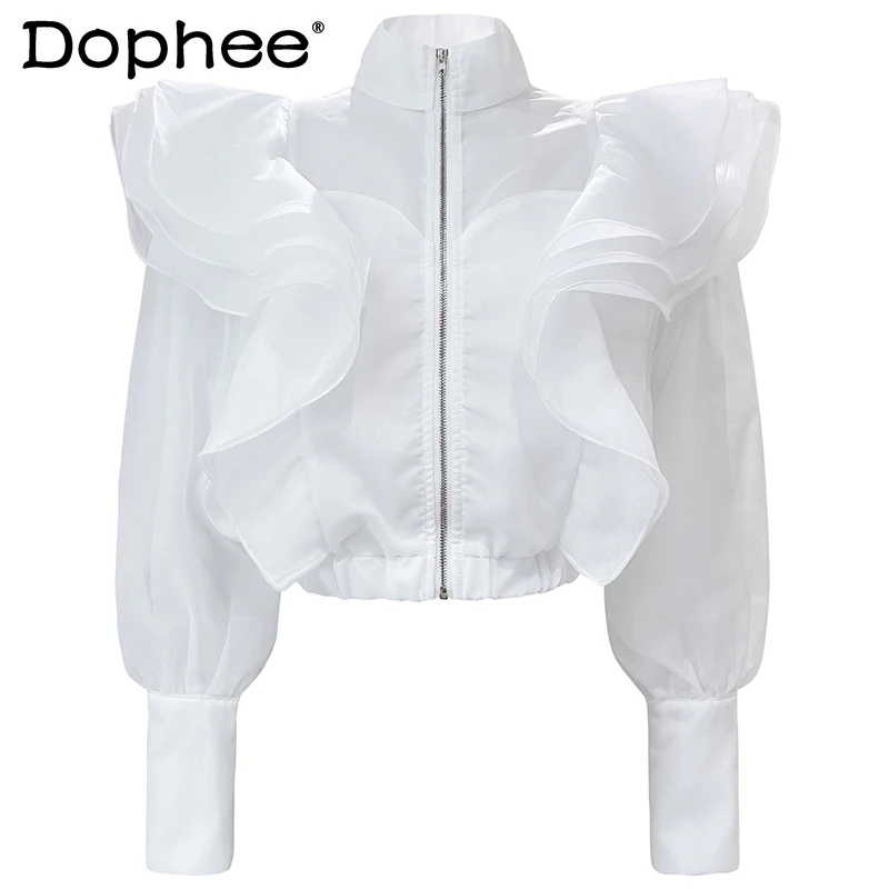 

Женская плиссированная блузка, с коротким воротником-стойкой и рукавами-фонариками, на молнии, с оборками, весна 2021