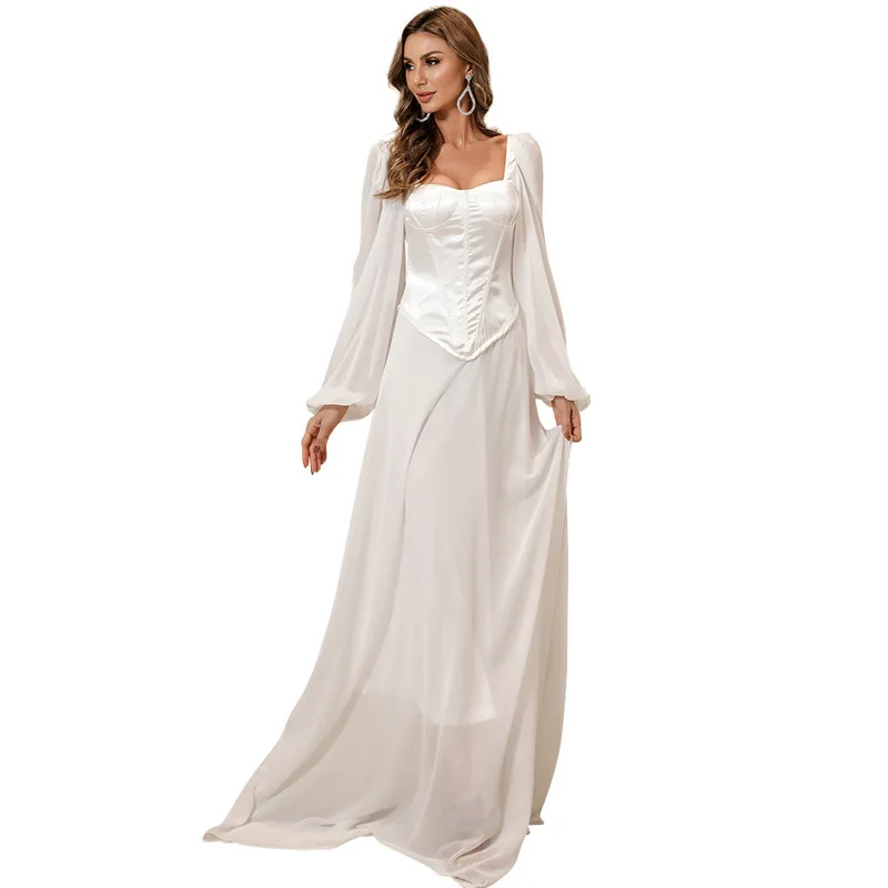 

Donsignet Fashion New Sexy Evening Dress Temperament White Chiffon Dress Women Backless Floor-Length Dresses for Women Party