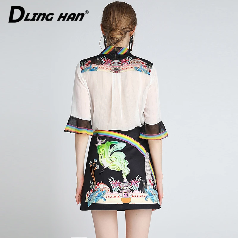 

DLINGHAN Fashion Beading Sets Bow Short sleeve Tops + Diamond Mini Skirt vintage Print Two-piece suit Designer Autumn New
