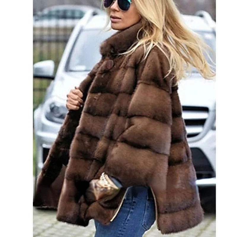 Donsignet Faux Fox Fur Vest Women Mid-length Womens Brown Coat Solid Casual Thick Warm Fur Winter Coat Women