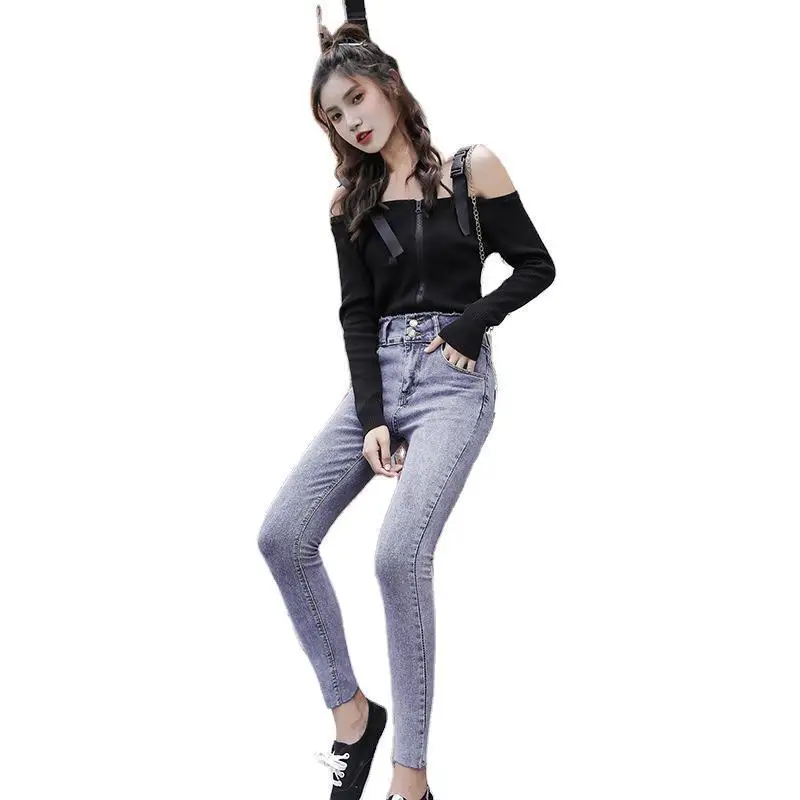 

2020 new Korean version of high waist stretch jeans women's feet long pants slim pencil pants