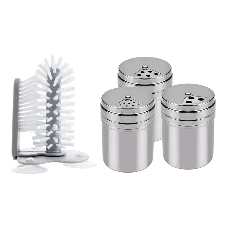 

Promotion! 3 Pcs Seasoning Bottle Airtight Seasoning with Top & 1 Pcs Sink Suction Cup Base Cleaning Bottle Glass Brush