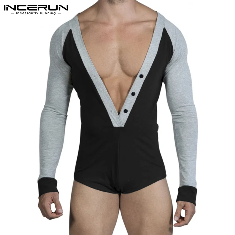 

INCERUN 2021 Для мужчин Пижама, комбинезон в стиле пэчворк с глубоким V образным вырезом домашняя одежда с длинными рукавами комбинезоны удобные ...