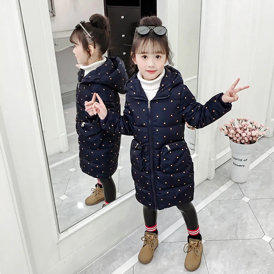 Witer Coat For Girl Dot Pattern Girls Coats Parka Fashion Children's With Hoodies Teenage Clothes 6 8 10 12 14 Year | Детская одежда