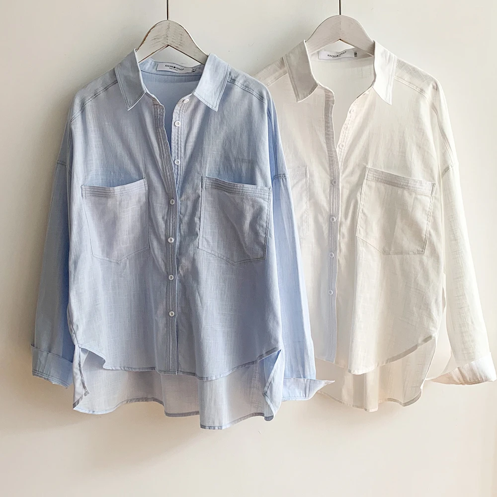 

Fashion Women 2021 Summer Linen Shirts Blouses Female Full Sleeve Loose Casual Turn-down Collar Solid Office Ladies Tops WB104