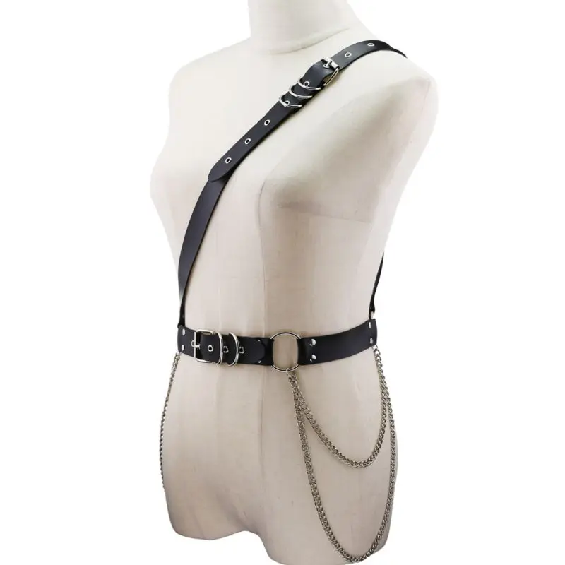 

Men Women Punk Faux Leather Oblique Shoulder Body Harness Adjustable Buckles Waist Belt with Metal Chain Tassels Cosplay Costume