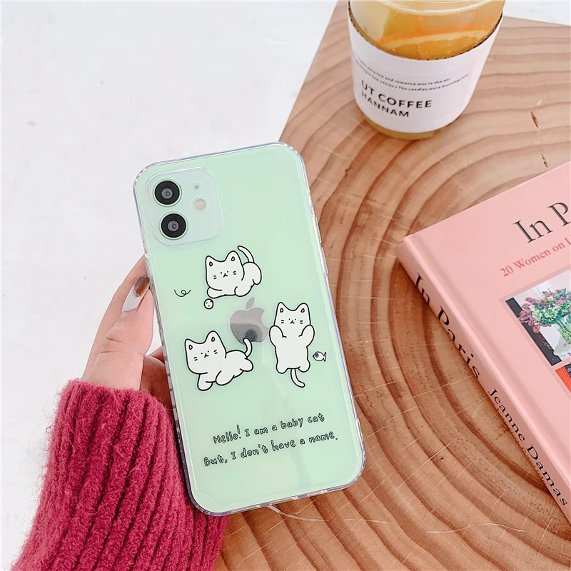 

Cute Cartoon Cat Phone Cases For iPhone 12 Mini 11 Pro XS MAX X XR 7 8 Plus Clear Straight Edge Border Print Soft Tpu Cover