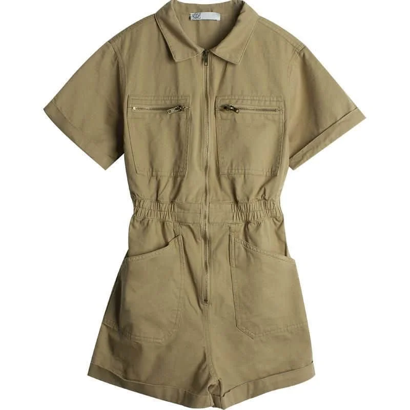 

Women's denim jumpsuit Western-style retro BM khaki trendy jumpsuit wide-leg shorts waist summer workwear Hong Kong streetwear