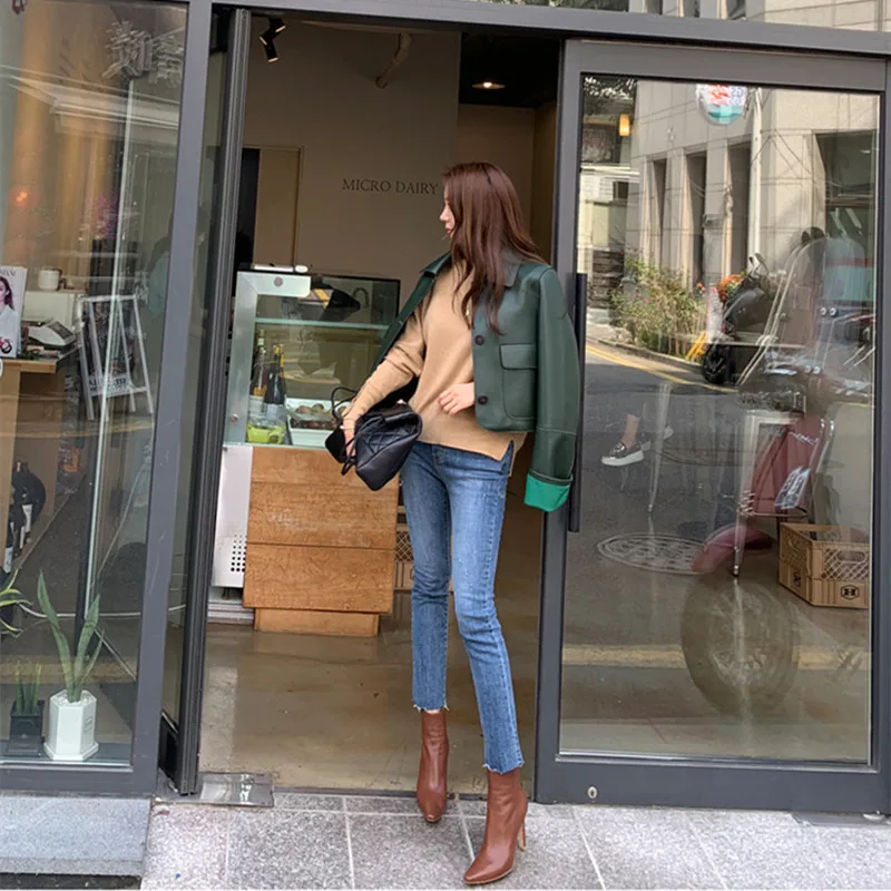 

Cropped Fashion Faux Leather Jackets Women Korean Green Loose PU Jacket Loose Long Sleeve Streetwear Short Coats New