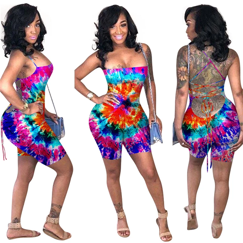 

Adogirl Tie Dye Print Spaghetti Straps Jumpsuit 2020 Summer Women Fashion Casual Strapless Playsuit Shorts Romper