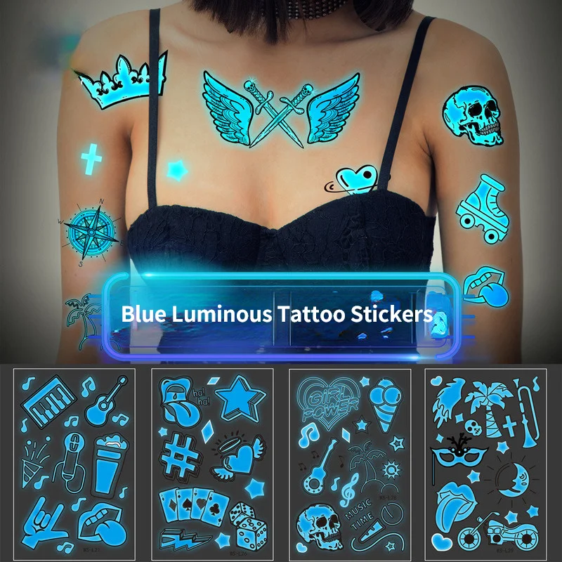 

Blue Luminous Tattoo Stickers Nightclub Bar Party Skeleton Fake Tattoo Stickers Fluorescent Notes Cool Disposable Face Stickers