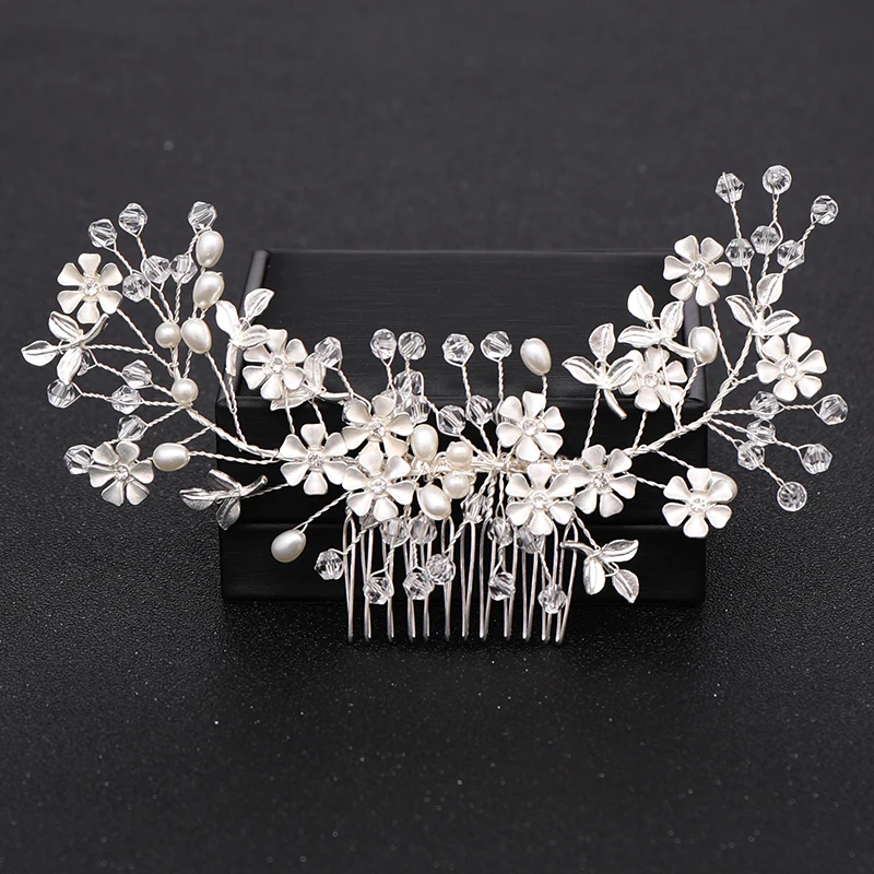 

Silver Color Pearl Crystal Wedding Hair Combs Hair Accessories for Bridal Flower Headpiece Women Bride Hair ornaments Jewelry