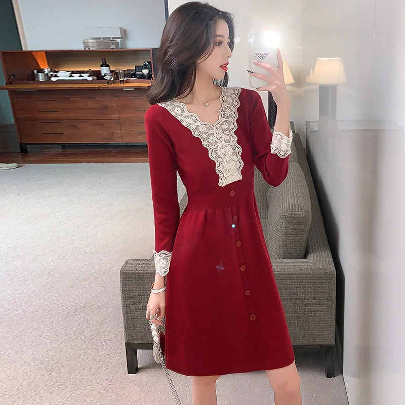 

Французское модное платье, новинка сезона осень-зима 2021, элегантные темпераментные кружевные вязаные платья в стиле пэчворк с длинными рук...